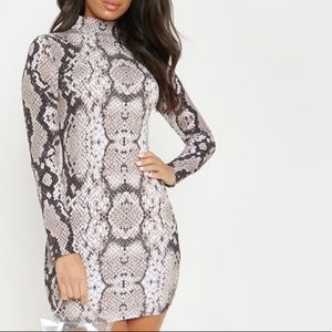 Tan Snake Print High Neck Bodycon Dress